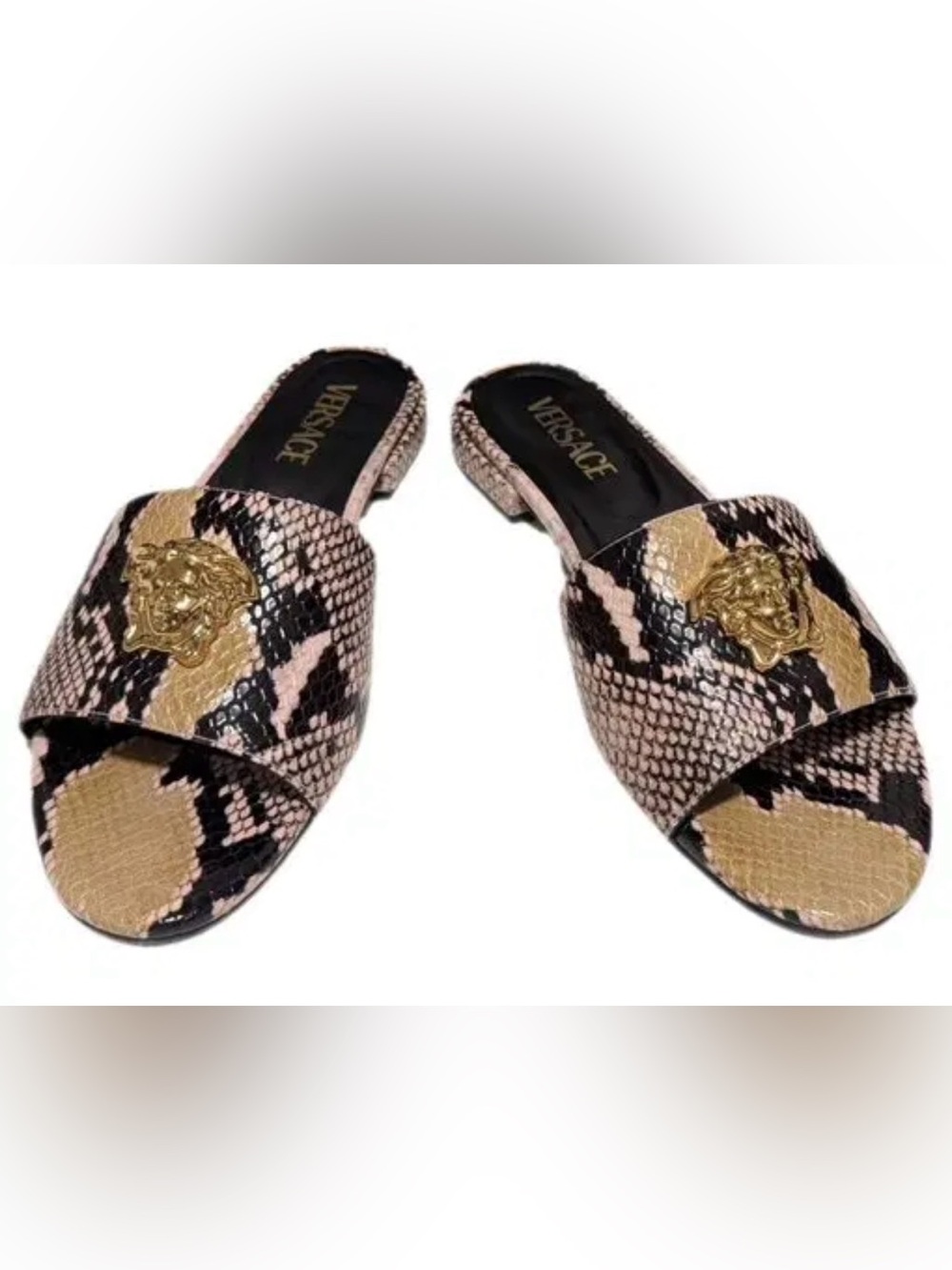 Versace Pink, Black & Gold Snake-Print Slide Sandals